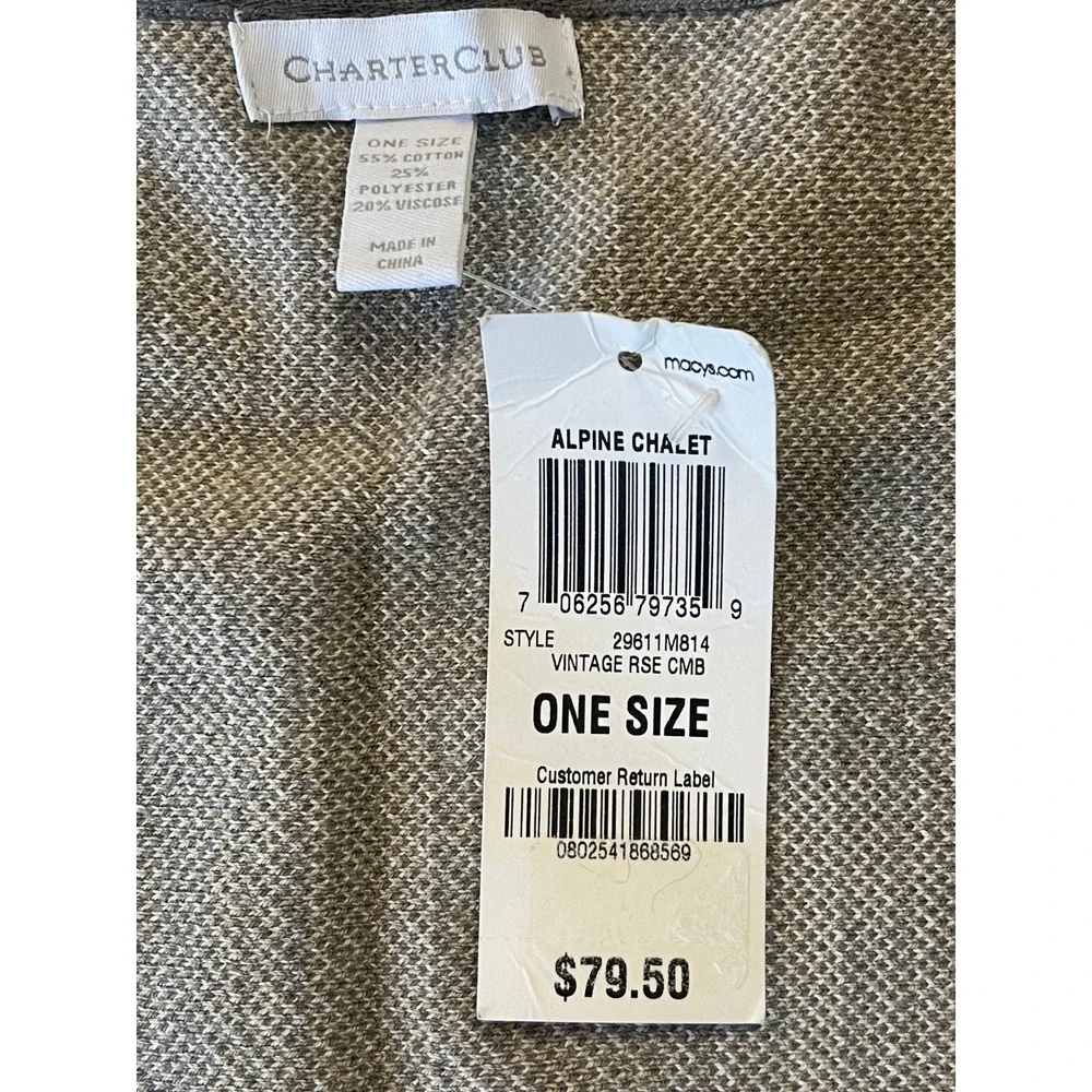 NWT Charter Club Alpine Chalet Plaid Wrap Scarf Tassel Tan Cream Grey One Size